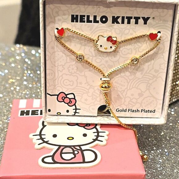 Hello Kitty By Sanrio Flash Yellow Gold Plated Station Heart & Crystal Bracelet - Picture 8 of 10